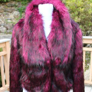 DECREE Women Faux Fur Open Jacket SZ M Burgundy Black Lined Party Casual